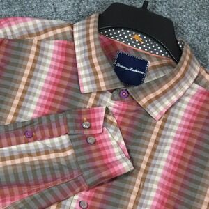 Tommy Bahama Mens XL Plaid‎ Long Sleeve Button Down Shirt Cotton Pink Brown Gray